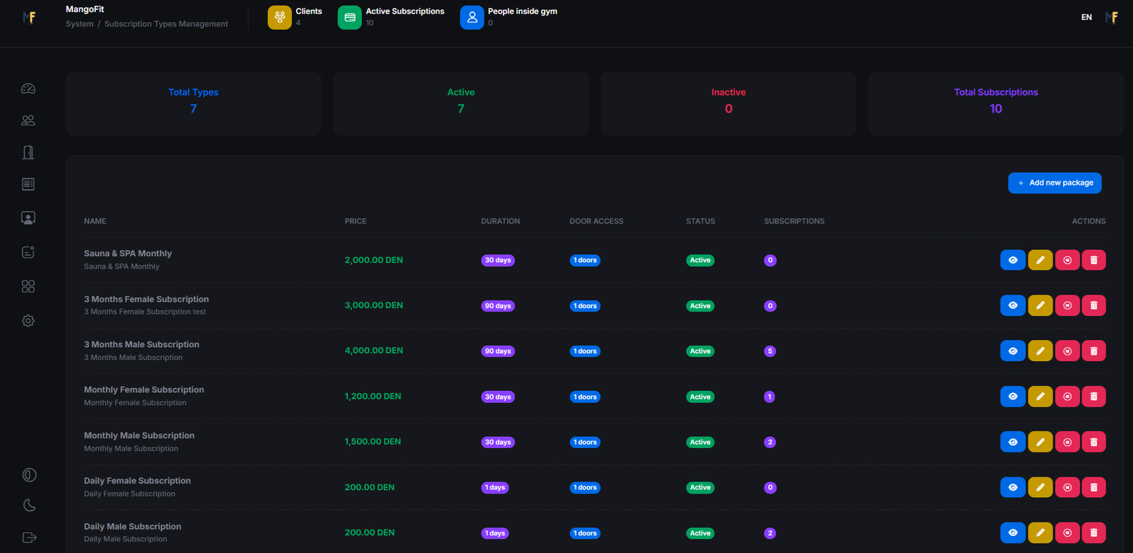Subscription packages in MangoFit