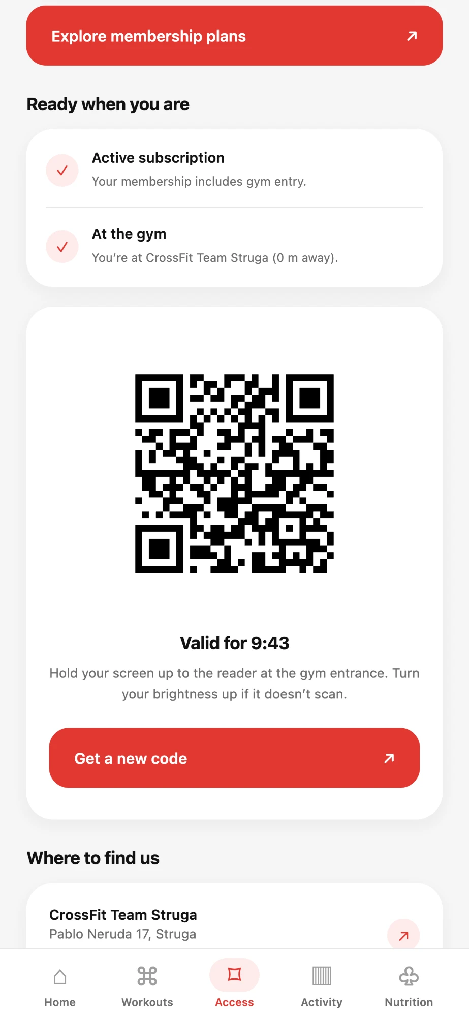 MangoFit member app — dynamic QR gym access pass