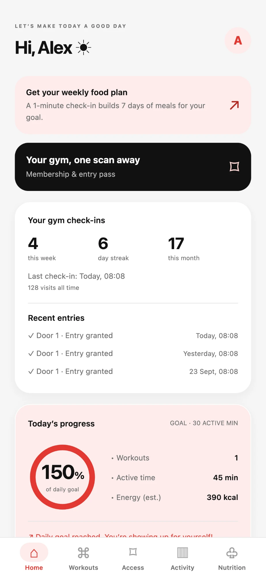MangoFit member app — home dashboard with check-ins and daily progress