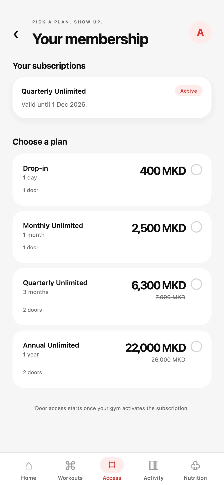MangoFit app — membership plans and subscriptions