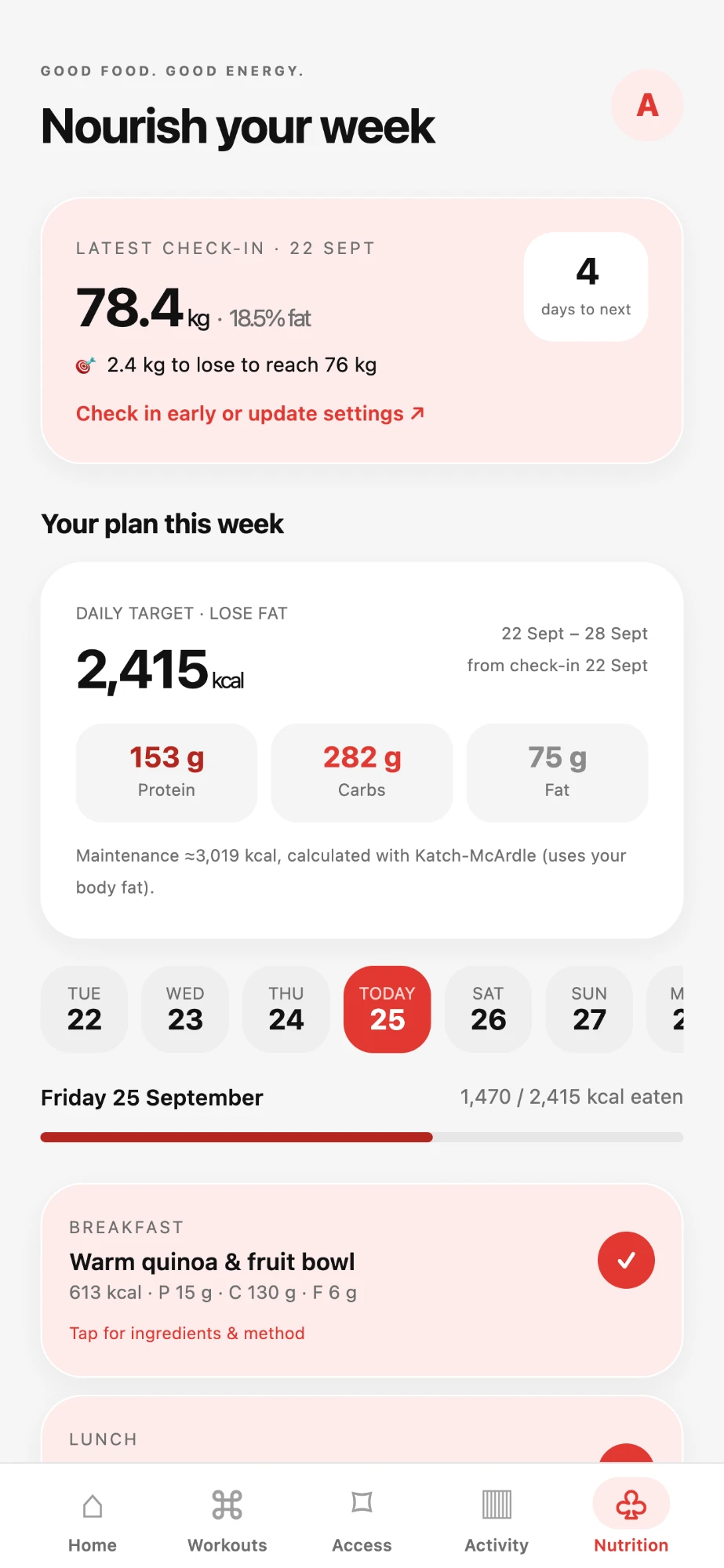 MangoFit app — nutrition plan with macro targets