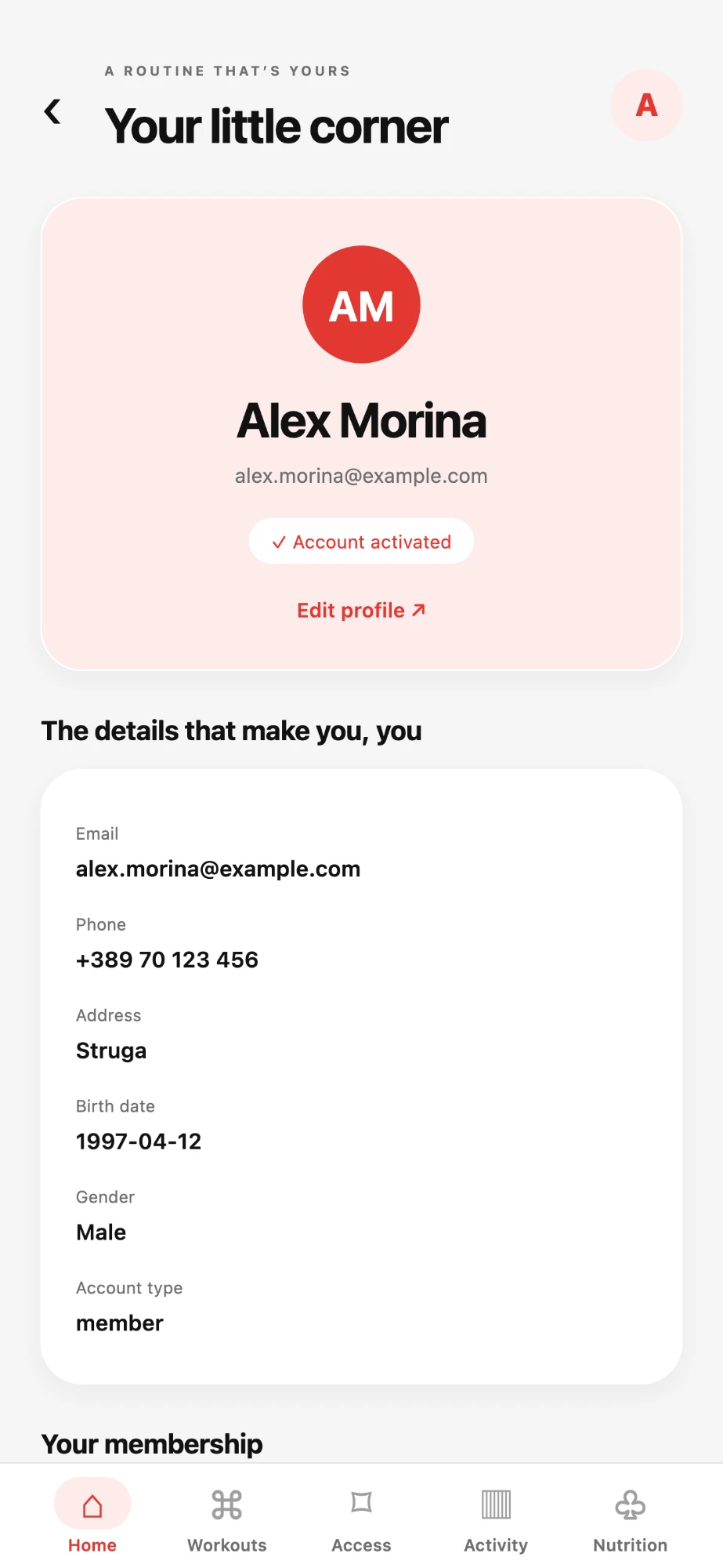 MangoFit app — member profile