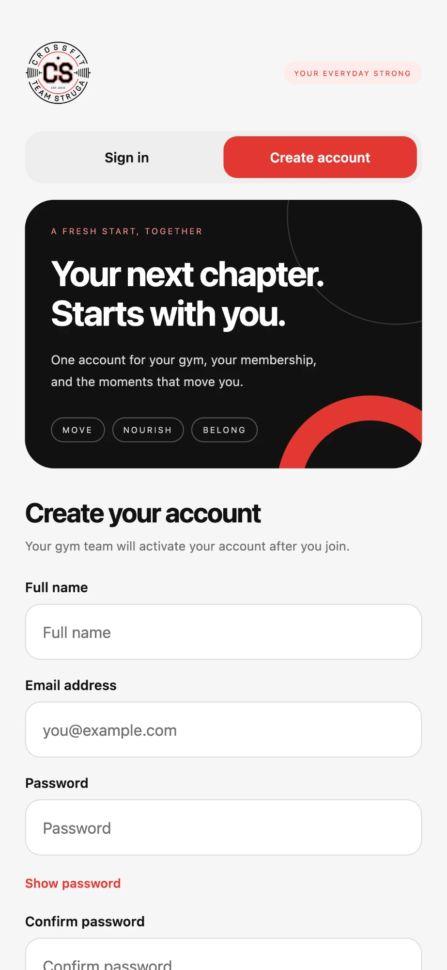 MangoFit app — create account screen