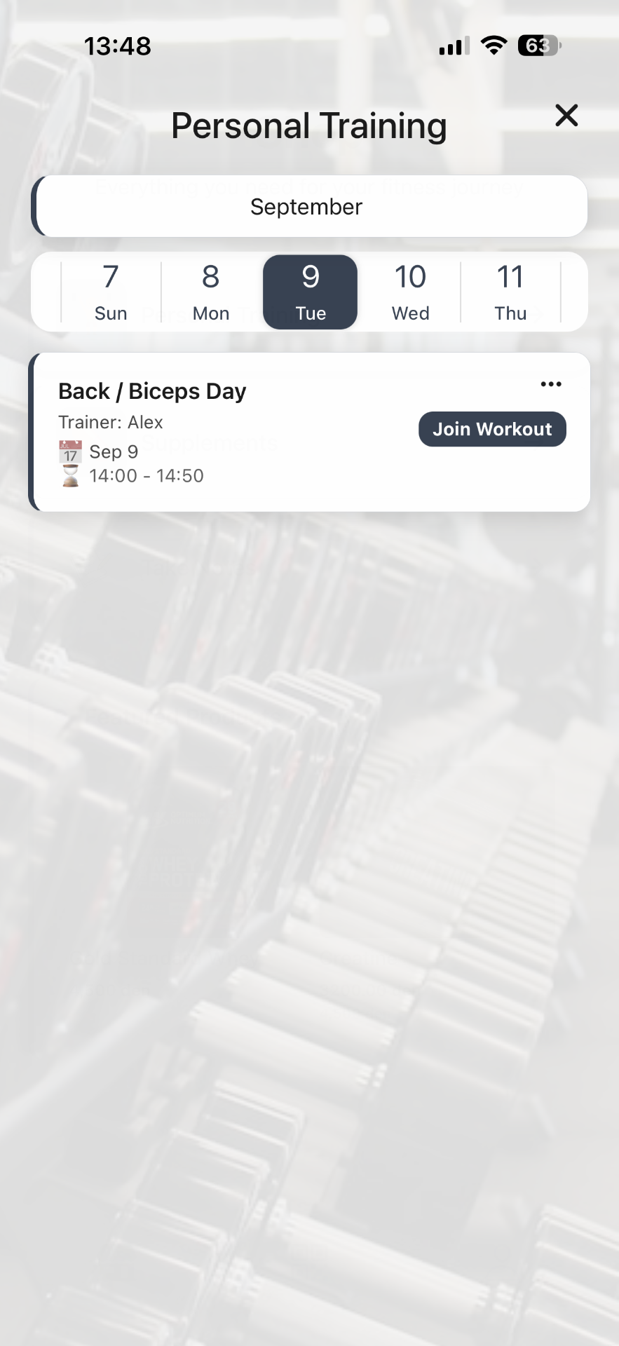 Personal Training screen