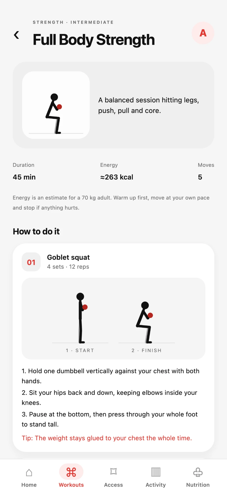 MangoFit app — guided workout with illustrated moves